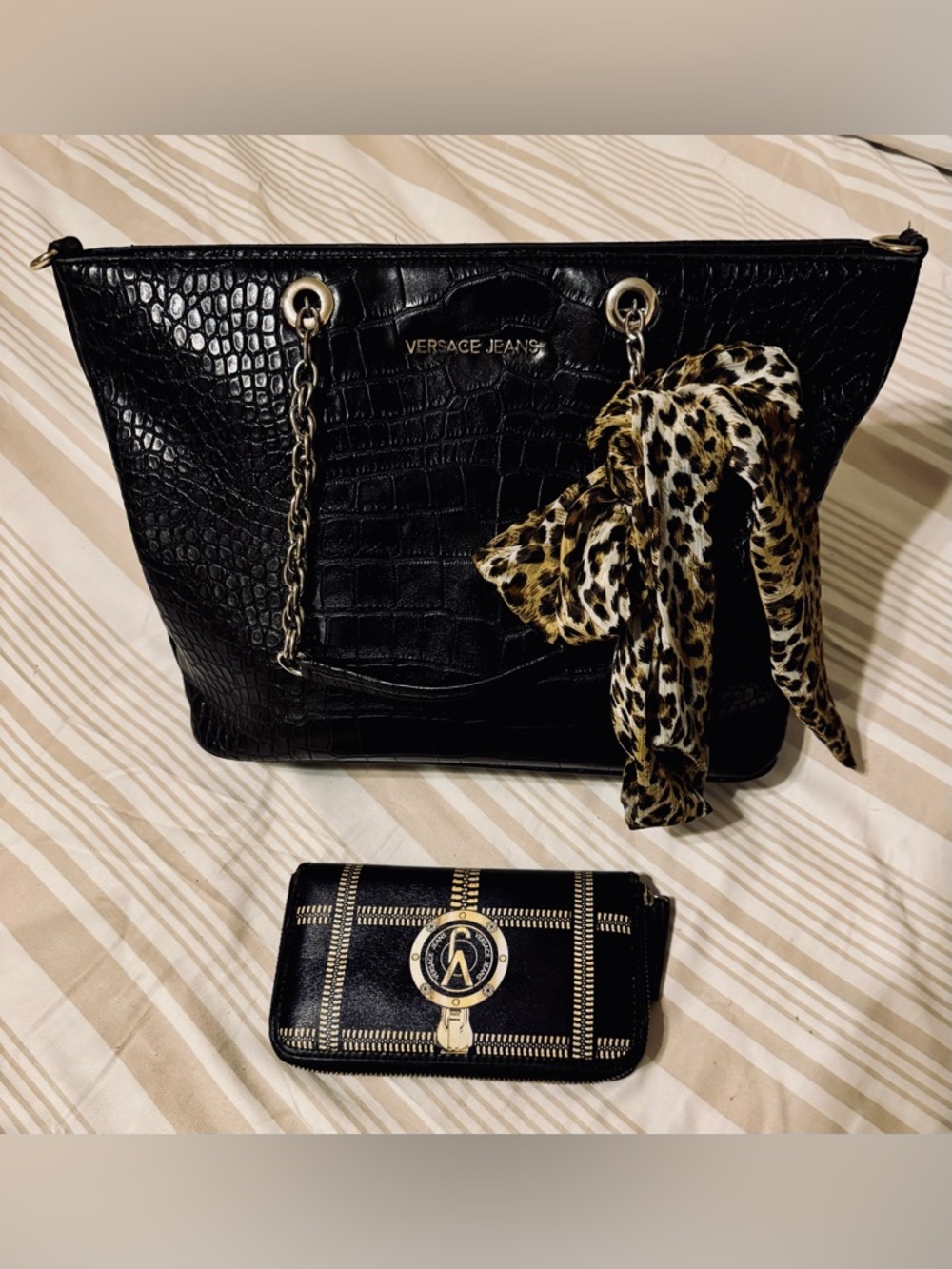 Versace Jeans Collection Black Croc-Embossed Tote with Matching Wallet
